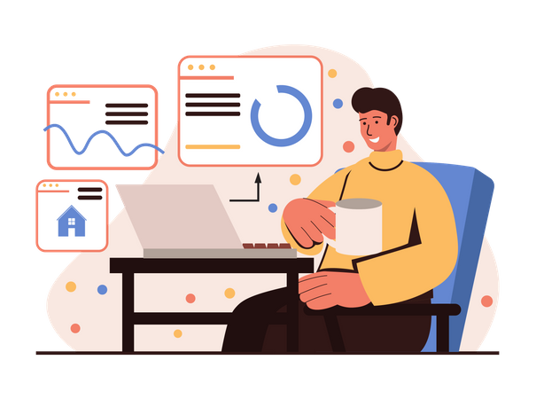 Male freelancer working with analytics report  イラスト
