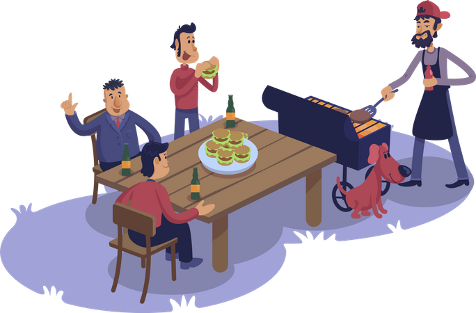 Male friends at barbecue  Illustration