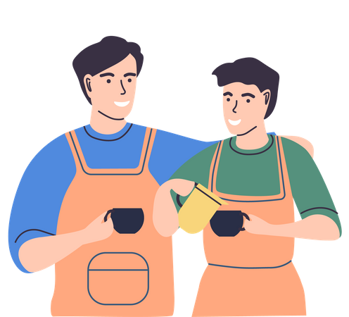 Male friends standing holding cups with hot drink Illustration
