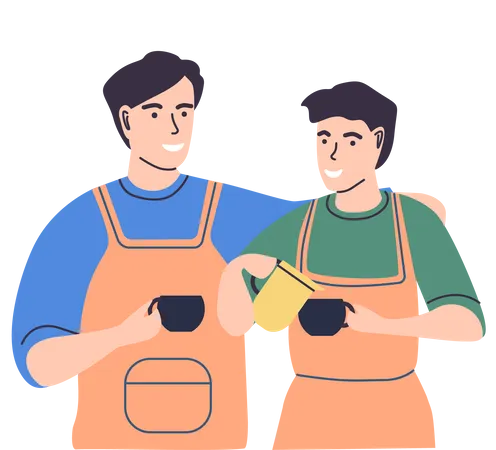 Male friends standing holding cups with hot drink Illustration