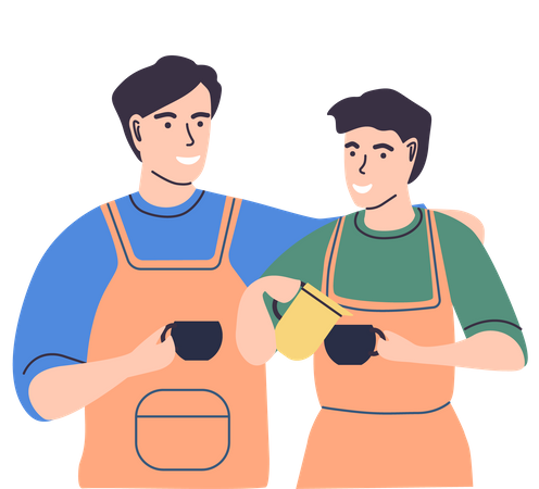 Male friends standing holding cups with hot drink  Illustration