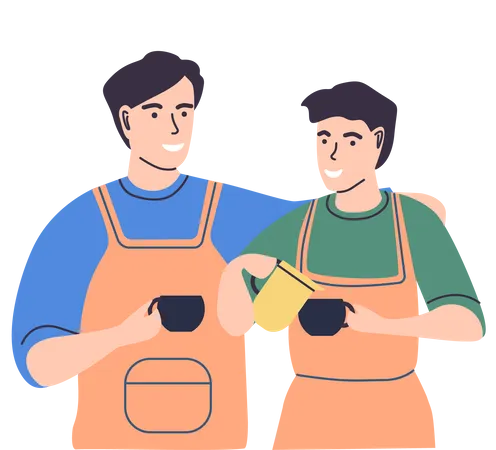 Male friends standing holding cups with hot drink  Illustration