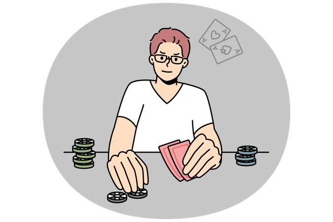 Male gamer engaged in gambling enjoy card game at table  Illustration