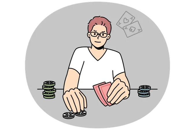 Male gamer engaged in gambling enjoy card game at table  Illustration