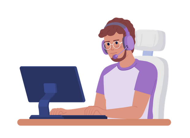 Male gamer with headphones at computer Illustration