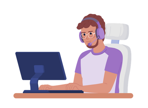 Male gamer with headphones at computer  Illustration