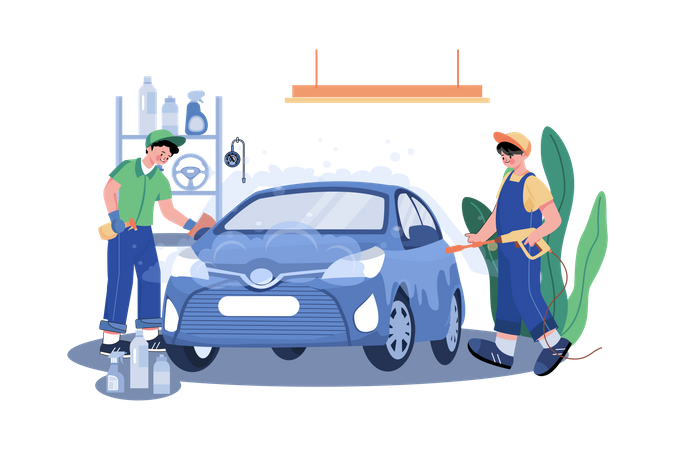 Male Garage worker cleaning car Illustration