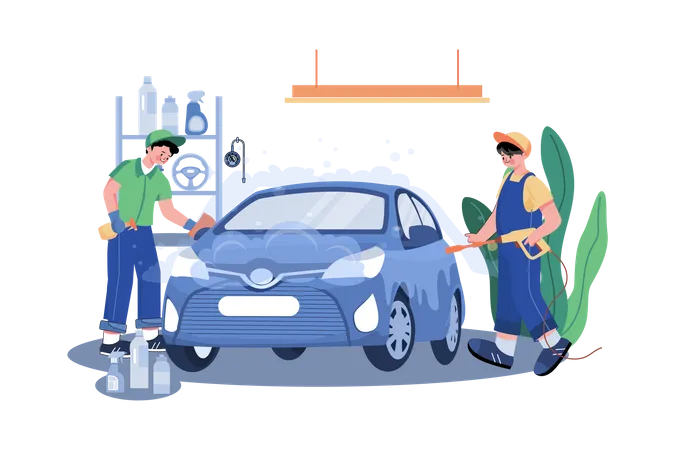 Male Garage worker cleaning car Illustration