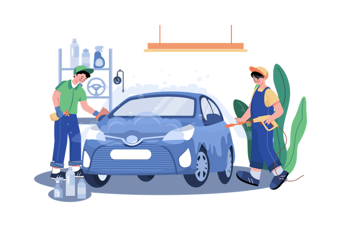 Male Garage worker cleaning car  Illustration