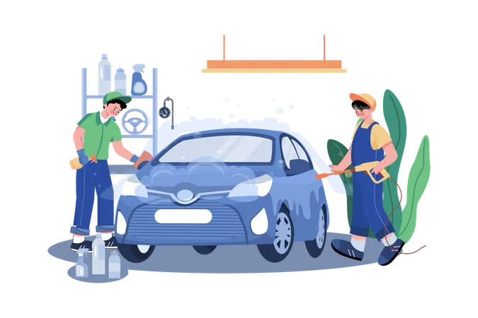 Male Garage worker cleaning car  Illustration