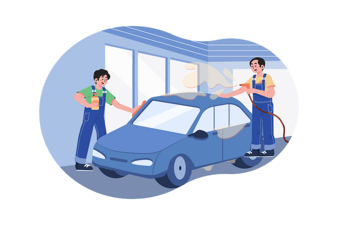 Male Garage worker cleaning car  Illustration