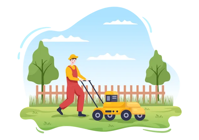 Lawn Mower Cutting Green Grass Trimming And Care On Page Or Garden In Flat Cartoon Illustration Illustration