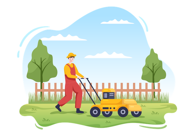 Male gardener Cutting Green Grass  Illustration