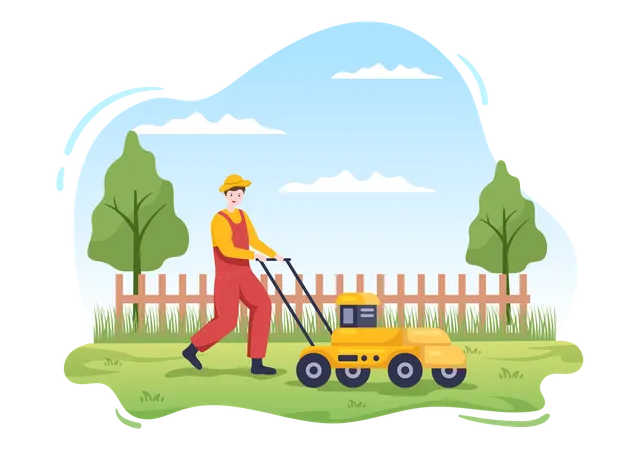 Male gardener Cutting Green Grass  Illustration