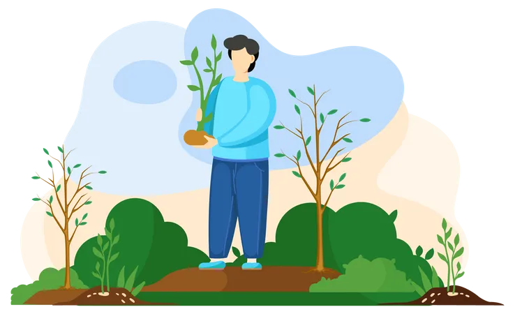 Farmer Plants Seedling Cartoon Agricultural Worker Takes Care Of Crops Gardener Grows Bush Happy Man Working In Garden Plants Small Tree Sapling In Spring Volunteer Cares About Environment イラスト