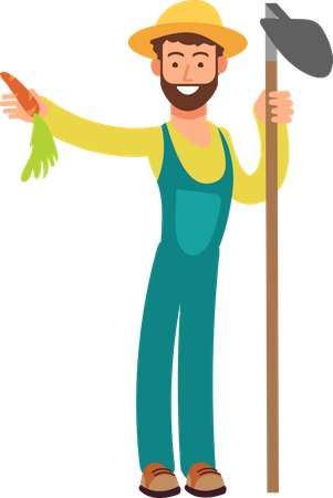Male gardener holding shovel and carrot  Illustration