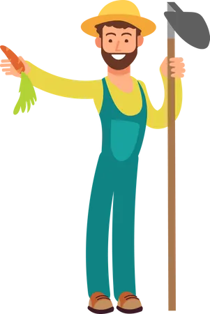 Male gardener holding shovel and carrot  Illustration