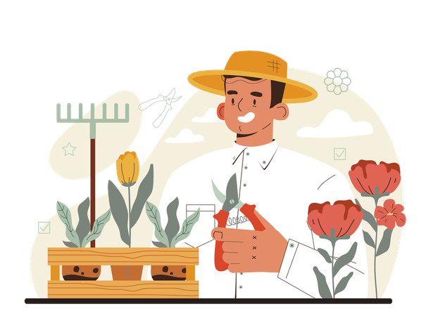 Male gardener planting flower plant  Illustration