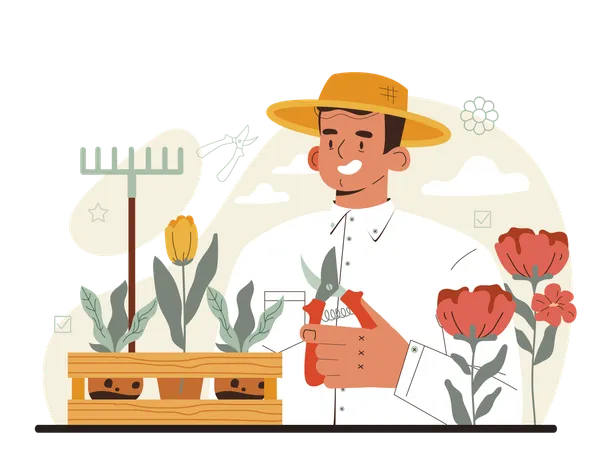 Male gardener planting flower plant  Illustration