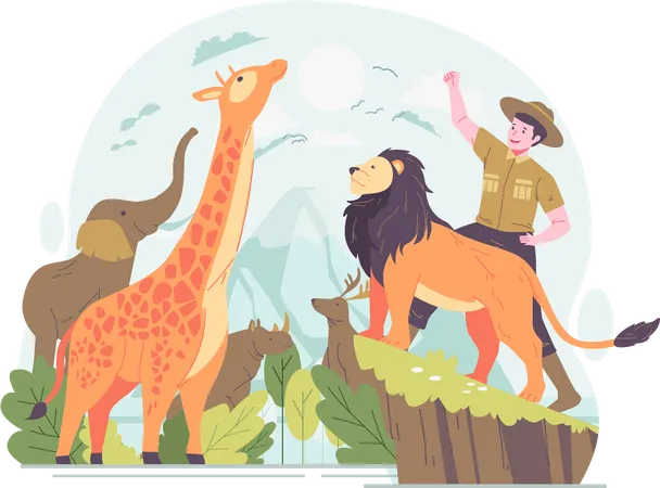 Un gardien de zoo avec des animaux célèbre la Journée mondiale des animaux  Illustration