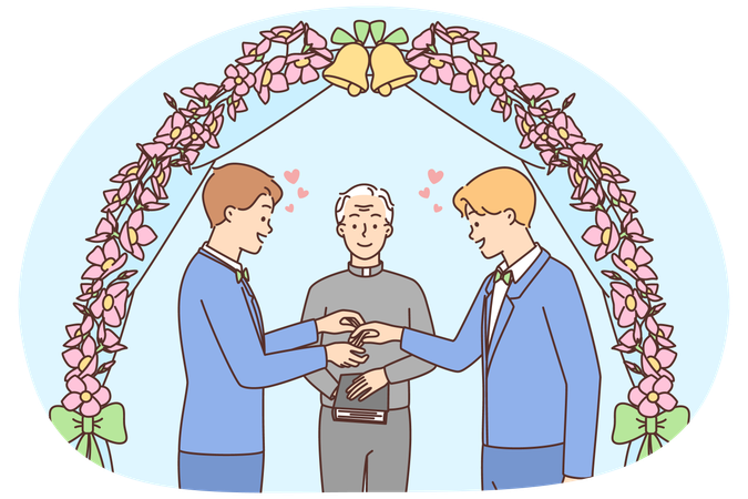 男性同性愛カップルが結婚式で指輪を交換  イラスト
