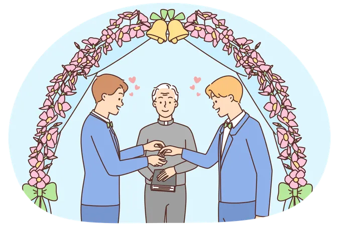 男性同性愛カップルが結婚式で指輪を交換  イラスト