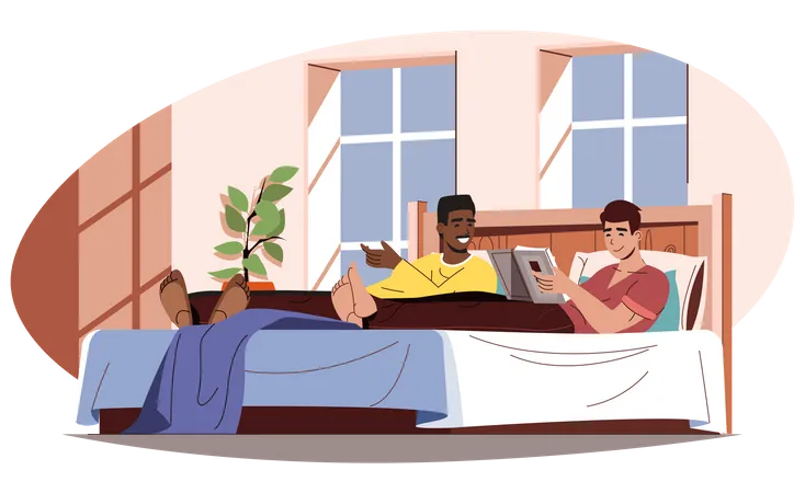 Happy LGBT Family Concept Loving Men Lie In Bed Read Book Or Talk Relax Together At Home Multiracial Homosexual Couple Gay Relationship Daily Life Vector Illustration Of People In Flat Design Illustration