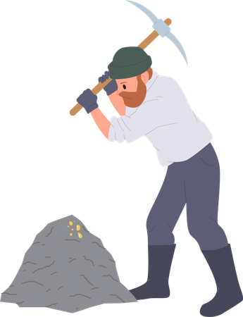 Male gold digger working with pickaxe mining precious material  イラスト