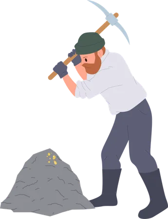 Male Gold Digger Cartoon Character Working Hard With Pickaxe Mining Precious Material Isolated On White Background Man Miner Or Prospector Vector Illustration Extraction Raw Material In Past 일러스트레이션