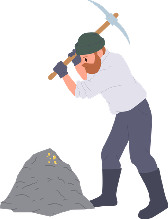 Male gold digger working with pickaxe mining precious material  Illustration