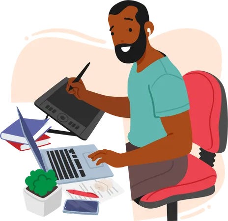 Male Graphic Designer Character Sitting At Desk Illustration