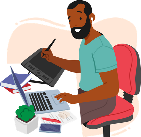 Male Graphic Designer Character Sitting At Desk  Illustration