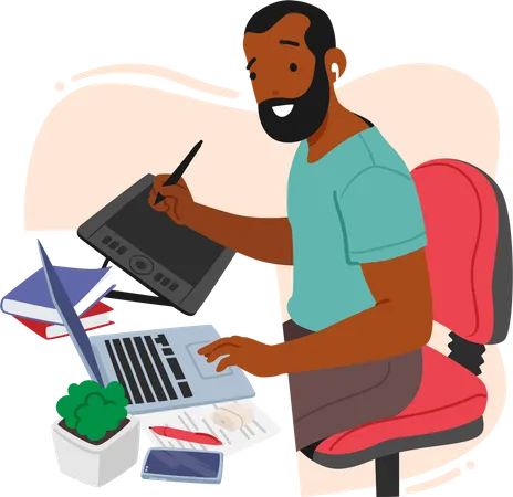 Male Graphic Designer Character Sitting At Desk  Illustration