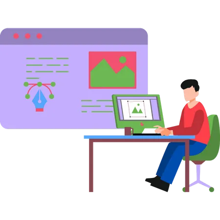 Male graphic designer designing on monitor  Illustration