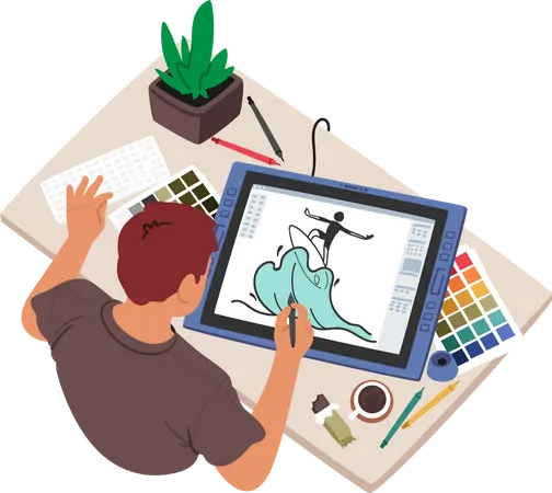 Graphic Designer Male Character With Stylus Drawing On Tablet At Workplace Top View Man Bring Creativity Ideas To Life Work On Digital Designs And Illustrations Cartoon People Vector Illustration Illustration