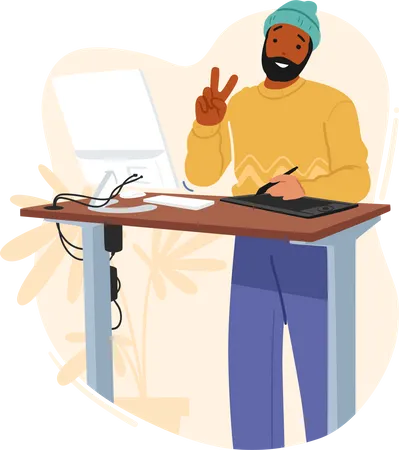 Graphic Designer Male Character Drawing With Stylus On Tablet Standing At Desk With Computer Creative Man Work On Digital Designs Logos Illustrations Websites Cartoon People Vector Illustration 일러스트레이션