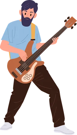 Brutal Bearded Male Bass Guitarist Rock Band Musician Cartoon Character Playing Electric Guitar Musical Instrument Isolated On White Background Rock And Roll Music Performance Vector Illustration 일러스트레이션