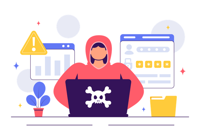 データをハッキングする男性ハッカー  イラスト