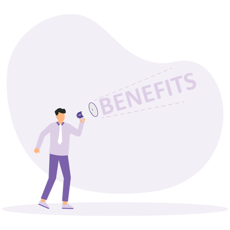 Male hand holding megaphone with benefits speech bubble  Illustration