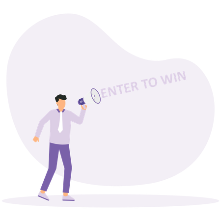 Male hand holding megaphone with enter to win speech bubble  Illustration