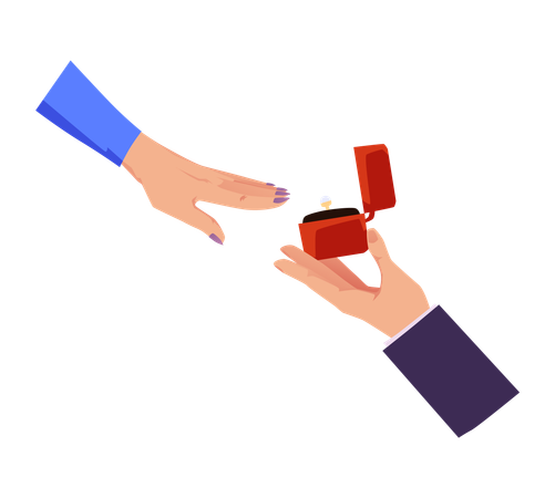 Male hand holds out engagement ring to woman  Illustration