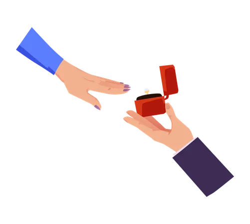 Male hand holds out engagement ring to woman  Illustration