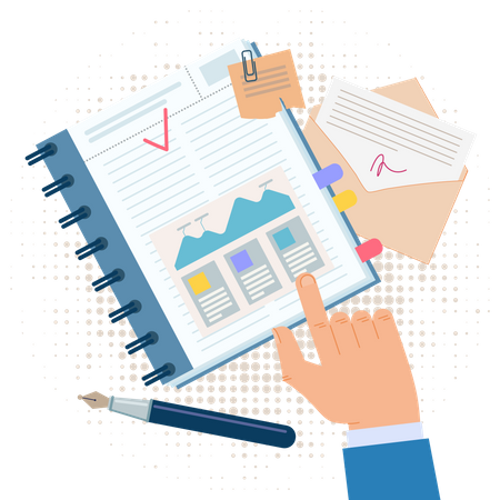 Male Hand Shows Graph and Chart in Notebook  Illustration