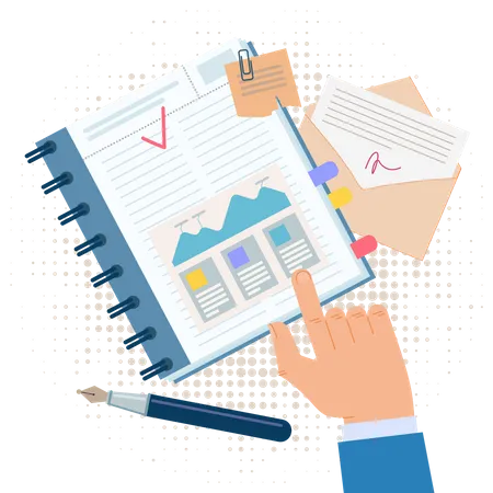 Male Hand Shows Graph and Chart in Notebook  Illustration