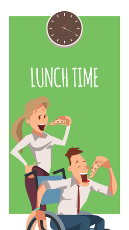 Male handicapped employee and female employee eating pizza  Illustration