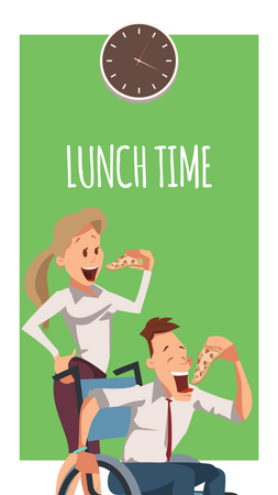 Male handicapped employee and female employee eating pizza Illustration
