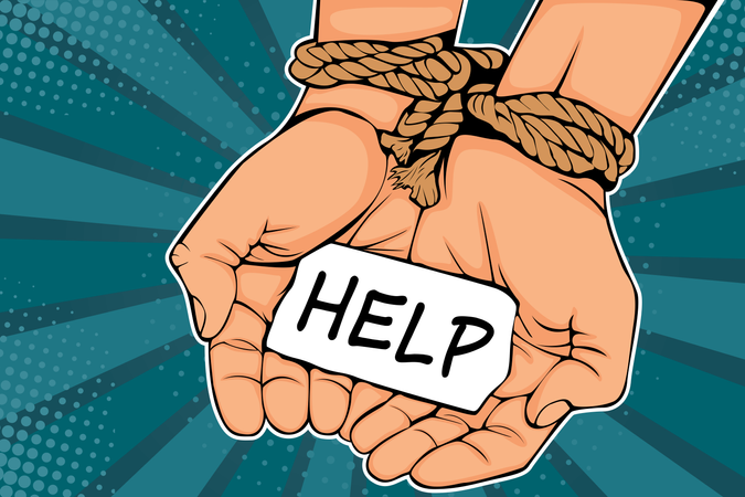 Male hands tied with rope and description Help Illustration