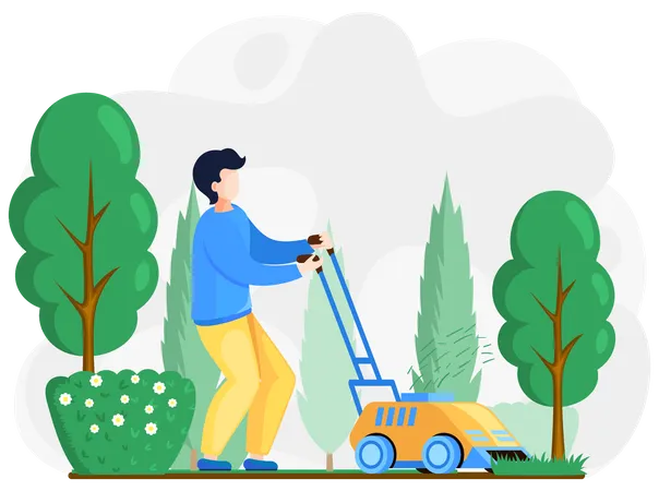 Gardener Working On Backyard And Mowing Lawn With Electric Mower Male Handyman Cutting Grass In Garden Colored Flat Cartoon Vector Illustration Of Professional Worker Takes Care Of Beauty Of Garden Illustration