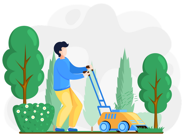 Male handyman cutting grass in garden  Illustration