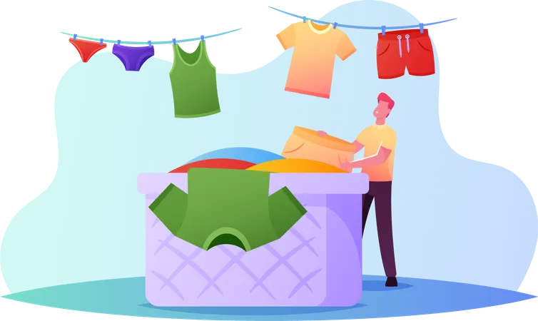 Tiny Male Character Hanging Clean Wet Clothes On Rope For Drying Taking Washed Linen From Huge Basket In Bathroom Or Laundry Homework Weekend Activity Household Process Cartoon Vector Illustration Illustration